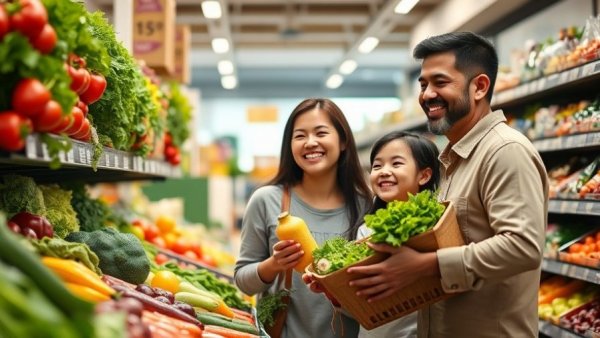 Cheerful family grocery shopping for a healthy lifestyle