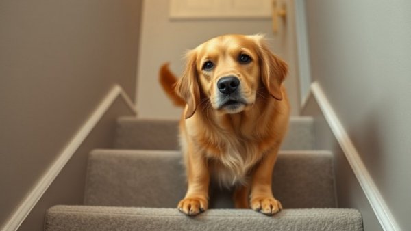 Hilarious dog moments with a golden retriever making a funny face on stairs.