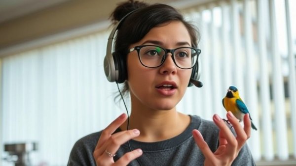Woman discussing kitchen dangers for birds, indoor setting.