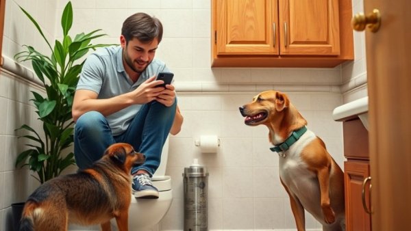 Man on toilet with dog watching in bathroom scene.