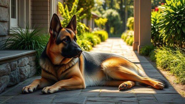 Relaxed German Shepherd in sunlight on a stone porch, avoid chasing after dead stuff.