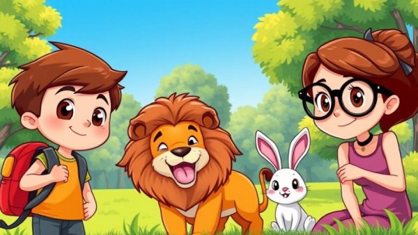 Children's health illustration with child, animal characters in a park.
