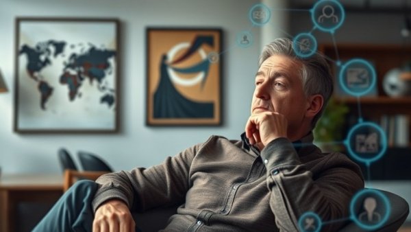 Casual man in office with AI tools overlay in digital marketing