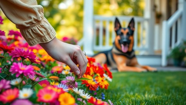 Hand gardening in a flower bed with dog nearby, lessons from my flower bed.