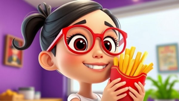 Cartoon girl with fries representing children's health in a playful style.