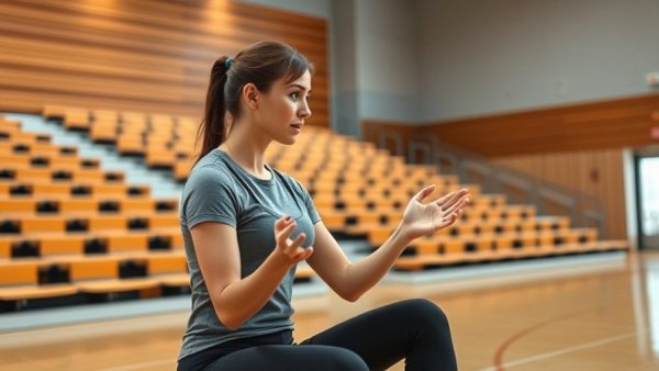 Young woman explaining head and body position in exercise.