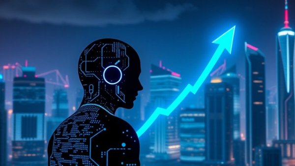 AI Singularity depicted as a digital silhouette with an upward arrow.