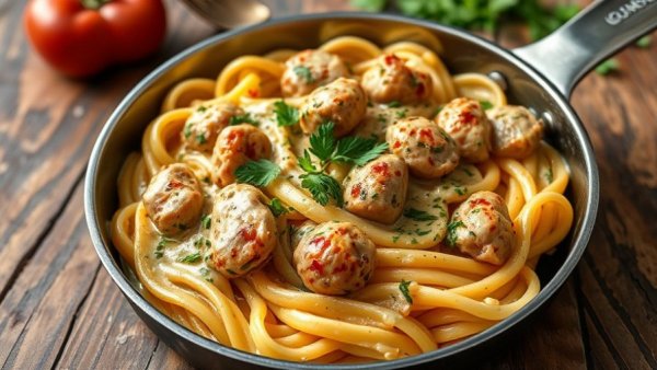 Creamiest Cajun Chicken & Sausage Alfredo Pasta in skillet, rustic setting.