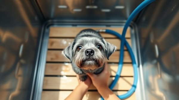 How to take care of a dog: Dog bath on wooden platform.