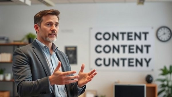 Professional man discussing content marketing strategies in an office.