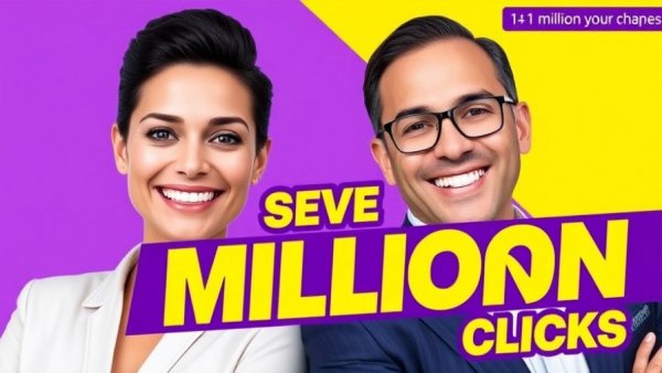 Digital marketing strategies success with one million clicks in bold colors.