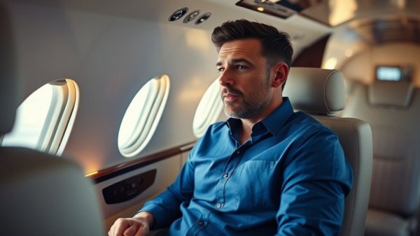 Man discussing digital marketing content on a private jet.