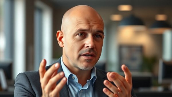 Confident entrepreneur discussing brain fog in modern office.
