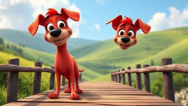 Funny pet cartoons, playful red dog on bridge in 3D cartoon style.