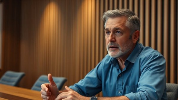 Middle-aged man speaking in office setting about wealth.
