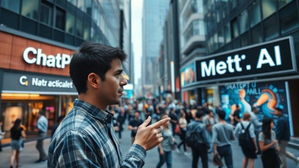 Insightful man examines AI marketing trend outside Meta AI.
