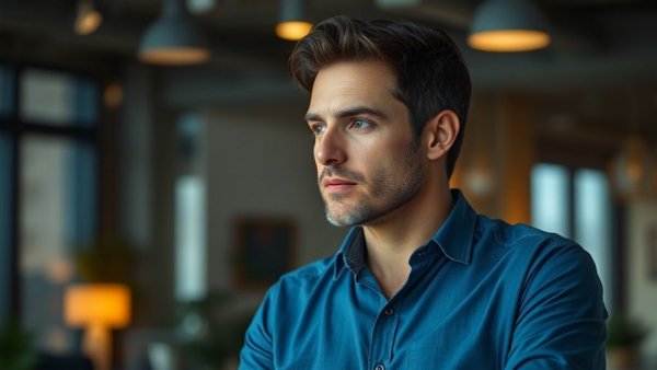 Man discussing digital marketing strategies in modern setting.