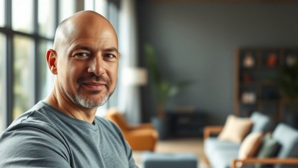 Confident bald man speaking about SEO marketing in a relaxed setting.
