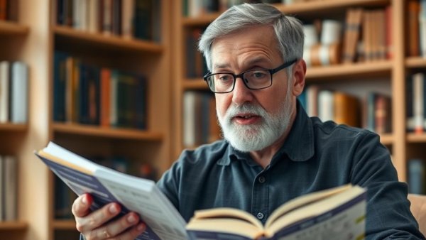 Man discussing books to read to get rich in a cozy office setting.