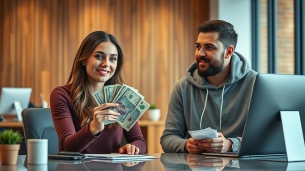 Gen Z spending habits illustrated by young woman with money and man discussing.