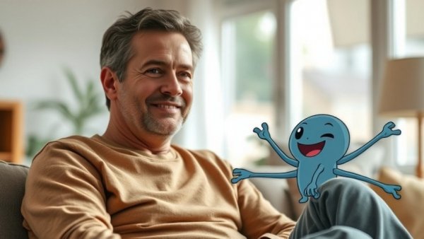 Digital Marketing Strategies: casual middle-aged man with cartoon character in a cozy setting.