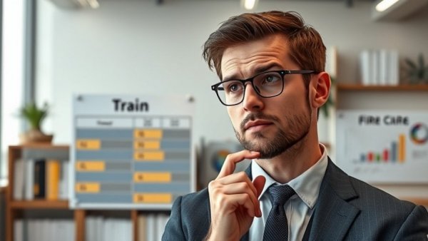 Thinking man evaluating 'employee training vs firing' in an office setting.
