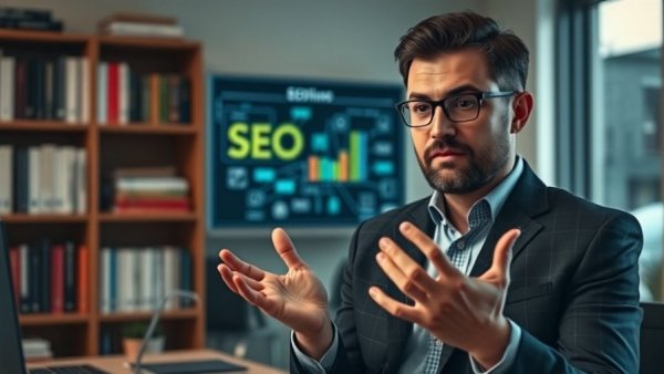 Person discussing SEO marketing in an office setting with graphics.