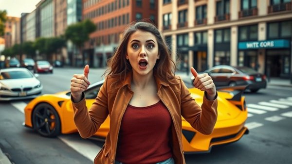 Woman surprised by revealed sports car on city street, digital marketing strategies.