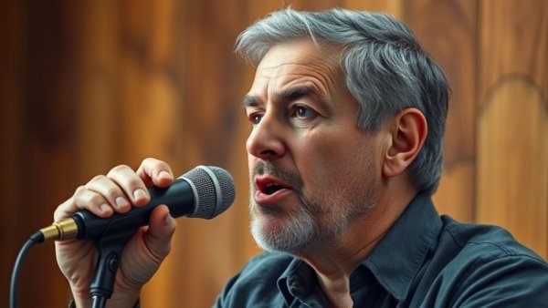 Middle-aged man speaking into a microphone with text overlay about millionaires.