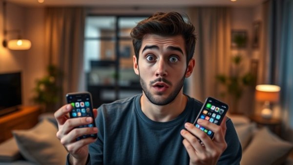 Young man exploring digital content strategy with app icons.