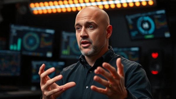 Bald speaker discussing AI's impact in SEO Marketing with digital backdrop.