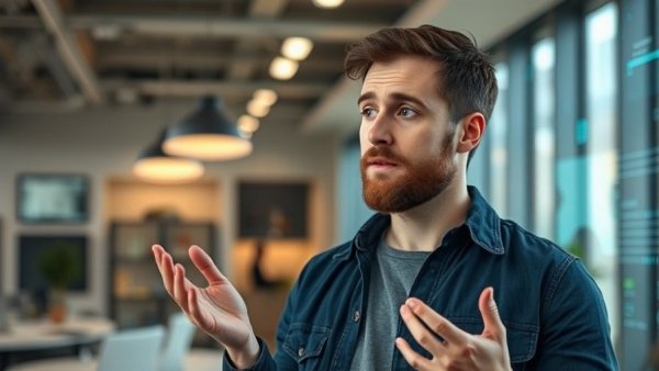 Man discussing digital marketing content using AI tools.