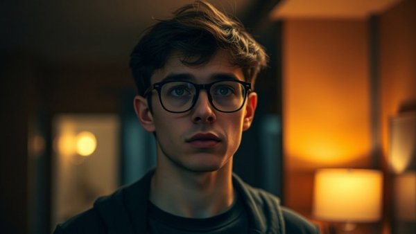 Young man in glasses looking concerned in Spider Man scene