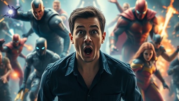 10 signs your story is broken - Surprised person with superheroes around.
