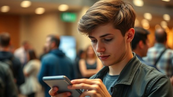 Young man engaging in digital marketing strategies at an event