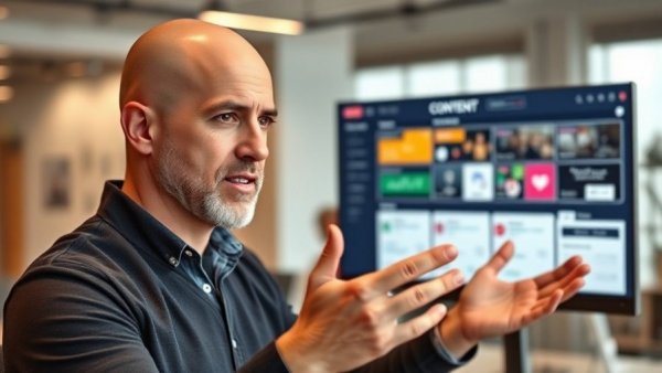 SEO Marketing expert discussing content strategies in an office setting.