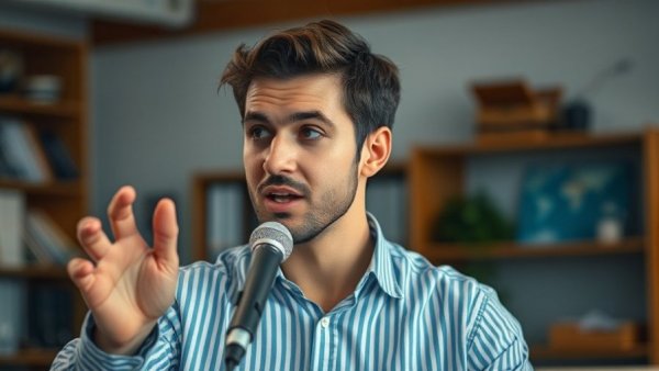 Young man discussing AI voice agents on a podcast.