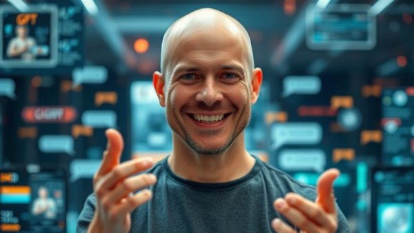 Man presenting ChatGPT ads opportunity, digital background.