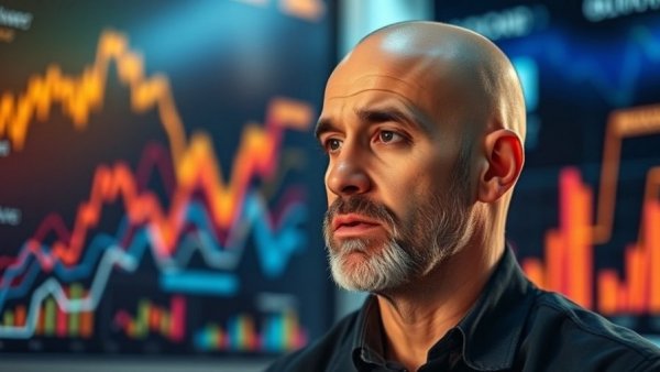 Thoughtful man discusses SEO marketing amid charts and trends.
