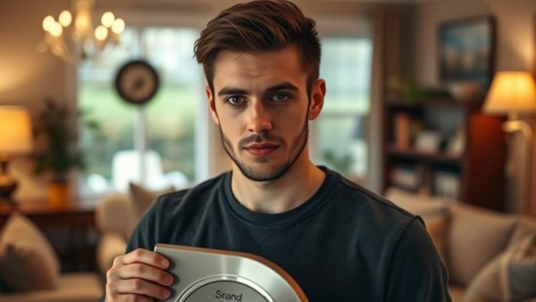 Young man in living room with a YouTube plaque, digital content strategy concept.