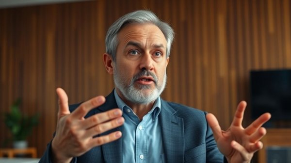 Middle-aged man discussing digital marketing strategies, leadership context.
