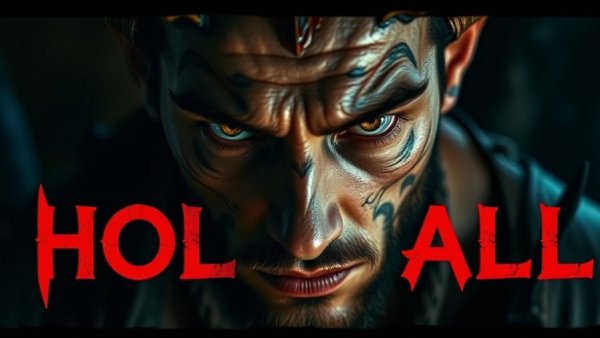 Dramatic close-up of horned character with intense gaze