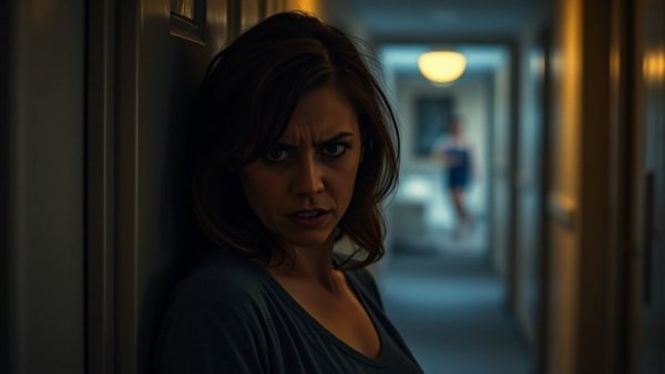 Tension in movies depiction with a fearful woman by a door.