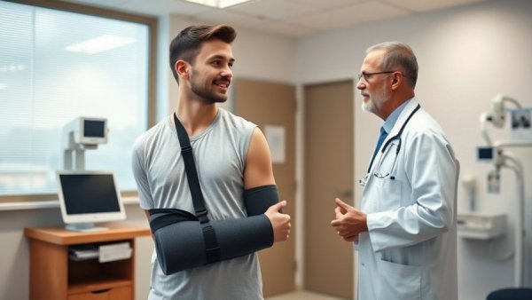 Young man with arm sling and doctor in medical office discussing Injury Story Technologies