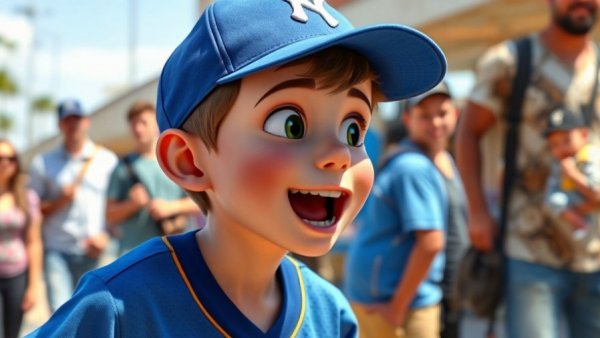 Animated young boy discussing morning schedule outdoors