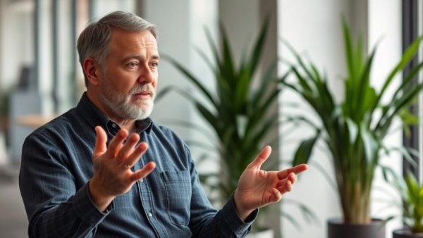Discussing future AI possibilities, man gesturing dynamically.