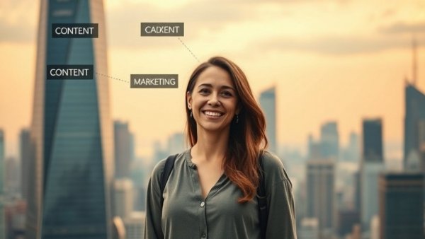 AI agent ready content concept with city skyline and smiling woman.