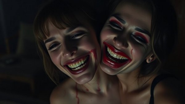 Pacing in Movies: Smiling woman with dramatic blood makeup indoors
