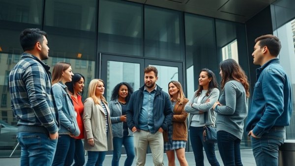 Group discussing investment ideas outside a modern building.