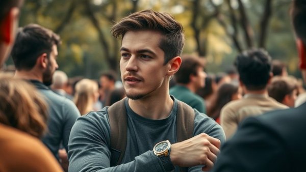 Young man discussing luxury watches in a casual outdoor setting.